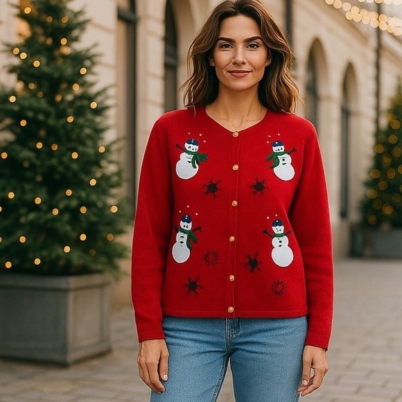 Vintage Sweaters - Vintage Holiday Cardigan Ugly Christmas Sweater Button Up Womens Petite Large